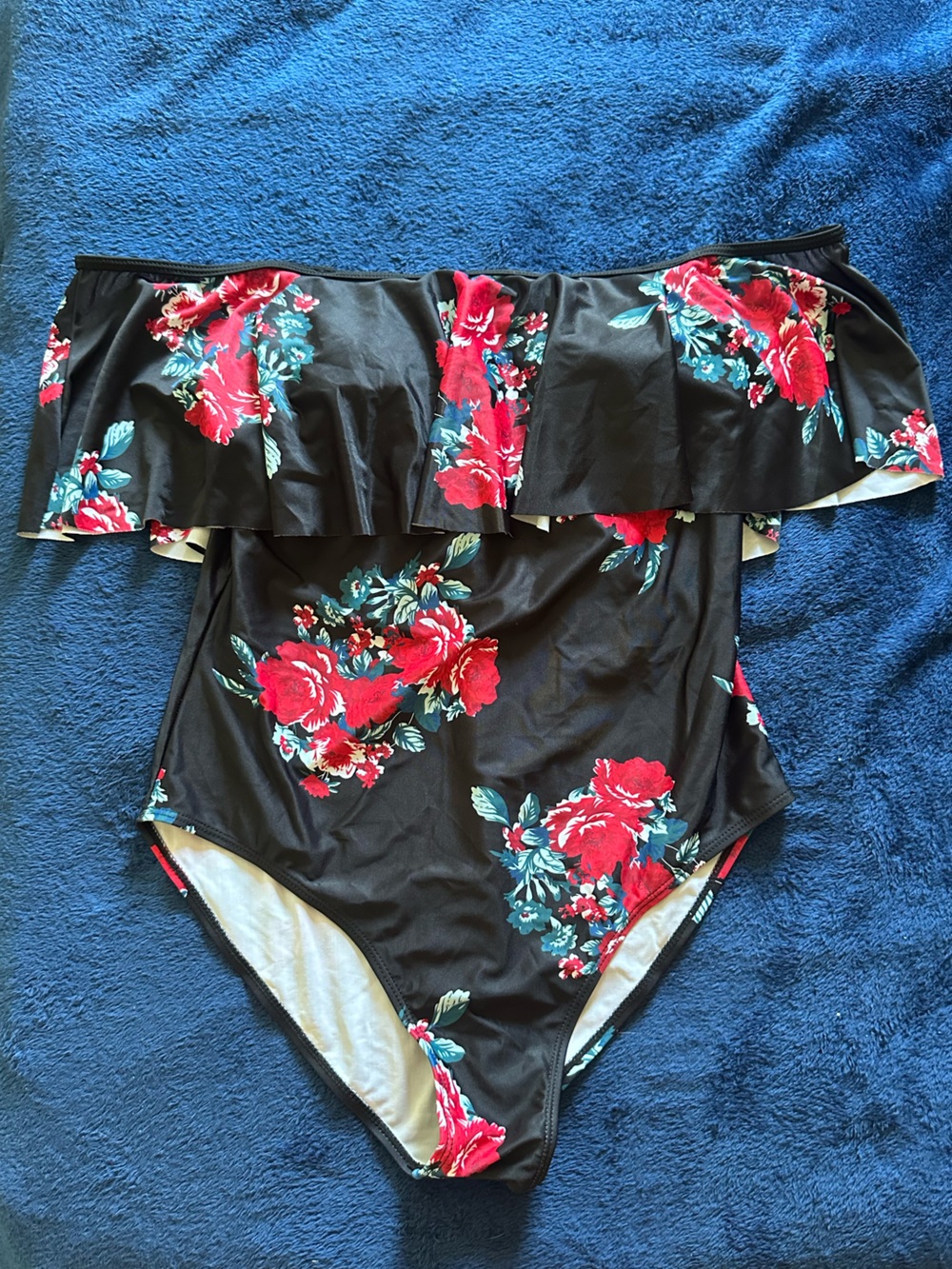 Floral Ruffle One-Piece Swimsuit - Black with Red & Teal Flowers